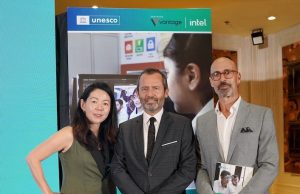 [L-R]Yen Sim, Global Branding and Communications Director, Vantage, Eric Falt, Director and UNESCO Representative for the UNESCO New Delhi Office, and Marc Despallieres, Chief Strategy & Trading Officer, Vantage.