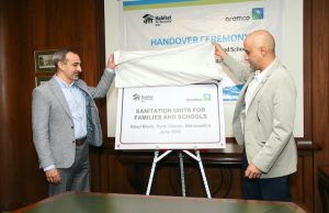 Mohammed S. Al-Herbish, President of Aramco India unveils the plaque to handover the sanitation project