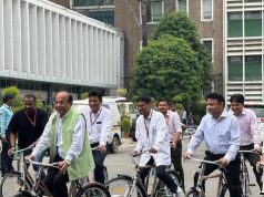 (R to L) MD Epack durable Ajay Singhania, Director AIIMS M Srinivas and other members during bicycle flagoff event at AIIMS