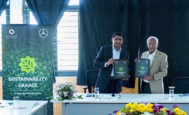 Launch of Sustainability Garage, (L-R) Manu Saale, Managing Director and CEO of Mercedes-Benz Research and Development India and Dr. H S Nagaraja, Chief Mentor of Prayoga Institute of Education Research